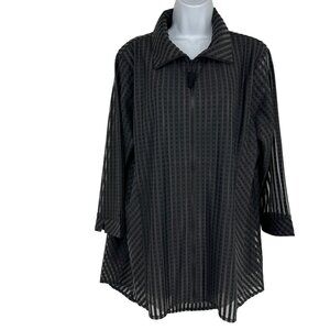 Lior Paris Black Sheer Textured Striped Zip-Front Collared Blouse Womens Size XL